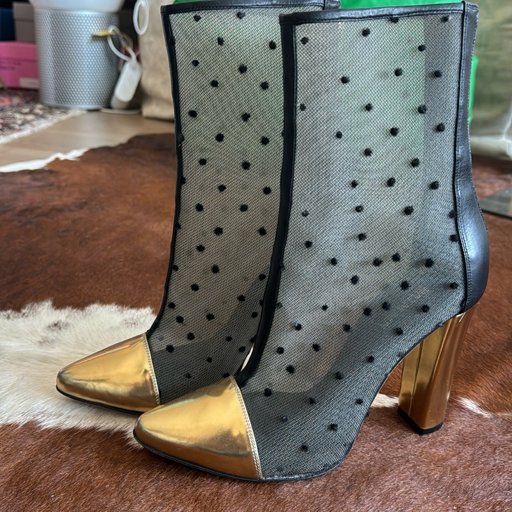 Balmain gold heel and toe boot. Mesh polkadot upper.